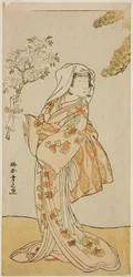 El actor Yoshizawa Sakinosuke III como Naniwazu en la obra Sugata no Hana Yuki no Kuronushi, representada en el teatro Ichimura en el undécimo mes de 1776