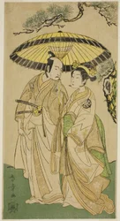 Los actores Arashi Hinaji I (derecha) e Ichikawa Komazo II (izquierda), como la princesa Sakura (¿Sakura Hime?) y Shimizu Tonoinosuke (?), en la obra Soga Moyo Aigo no Wakamatsu (?), representada en el Teatro Nakamura (?) en el tercer mes de 1769 (?)