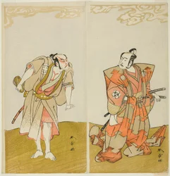 Los actores Bando Mitsugoro I como Hata no Kawakatsu (derecha) y Otani Hiroemon III como el sirviente (Yakko) Gansuke (izquierda), en la obra Miya-bashira Iwao no Butai, representada en el Teatro Morita desde el día quince de t