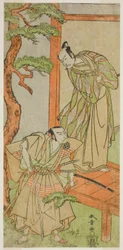 Los actores Ichikawa Danjuro V como Momonoi Wakasanosuke (derecha), y Nakamura Nakazo I como Kakogawa Honzo (izquierda), en la obra Kanadehon Chushingura, representada en el Teatro Nakamura en el quinto mes de 1771