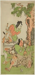 Los actores Ichikawa Danzo III como I no Hayata Tadazumi (derecha), y Matsumoto Koshiro II como Osada no Taro Kagemune disfrazado de Yatsurugi Zaemon (izquierda), en la obra Nue no Mori Ichiyo no Mato, representada en el Teatro Nakamura en el undécimo mes,