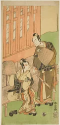 Los actores Ichikawa Komazo II como Soga no Juro Sukenari (derecha), e Ichikawa Danjuro V como Soga no Goro Tokimune (izquierda), con atuendos de Komuso, en la obra Sakaicho Soga Nendaiki, representada en el Teatro Nakamura en el primer mes, 1771