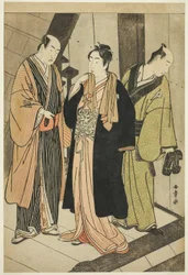 Los actores Ichikawa Monnosuke II (izquierda), Iwai Hanshiro IV (centro), e Iwai Karumo (?) (derecha), en un desembarco tras bastidores
