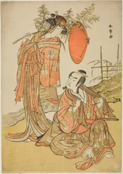 Los actores Ichikawa Monnosuke II y Segawa Kikunojo III como los amantes Seijuro (derecha) y Onatsu (izquierda), en la escena de fuga "Michiyuki Hiyoku no Kiku-cho" (Una fuga: Pájaros del amor crisantemo y mariposa), un interludio de danza de la segunda pa