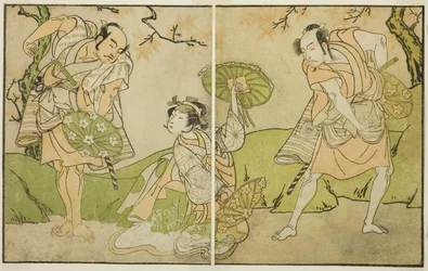 Los actores Ichikawa Somegoro (derecha), Segawa Kikunojo II (centro) y Bando Sampachi (izquierda), en roles no identificados en la obra Myoto-giku Izu no Kisewata, representada en el Teatro Ichimura en el undécimo mes, 1770