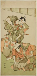 Los actores Ichikawa Yaozo II como Konoshita Hyokichi (?) (derecha), y Sakata Hangoro II como Matsunaga Daizen Hisahide (?) (izquierda), en la obra Gion Sairei Shinko Ki (?), representada en el Teatro Ichimura (?) en el quinto mes de 1775 (?)