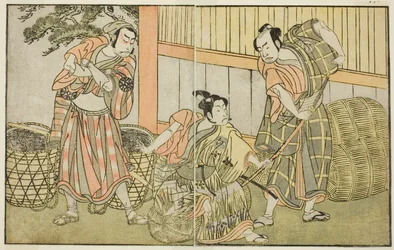 Los actores Kasaya Matakuro II como Hagun Taro (derecha), Ichikawa Monnosuke II como Izutsu no Suke Narihira (centro), y Nakamura Nakazo I como Kose no Kanaoka disfrazado de Sogoro el fabricante de carbón, en la obra Kuni no Hana Ono no Itsumoji, represent