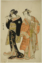 Los actores Matsumoto Koshiro IV y Segawa Kikunojo III como los amantes Choemon (derecha) y Ohan (izquierda), en la escena de fuga "Michiyuki Segawa no Adanami"