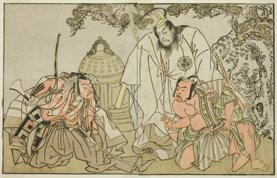 Los Actores Nakajima Mihoemon II como Aramaki Mimishiro (derecha), Matsumoto Koshiro II como Otomo no Yamanushi (centro), e Ichikawa Danzo III como Hannya no Goro (izquierda), en la Obra Kuni no Hana Ono no Itsumoji, Representada en el Teatro Nakamura en e