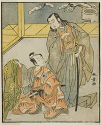 Los Actores Nakamura Denkuro II como Suma no Dairyo (derecha), e Ichikawa Komazo II como Ariwara no Yukihira (izquierda), en la Obra Kuni no Hana Ono no Itsumoji, Representada en el Teatro Nakamura en el Undécimo Mes, 1771