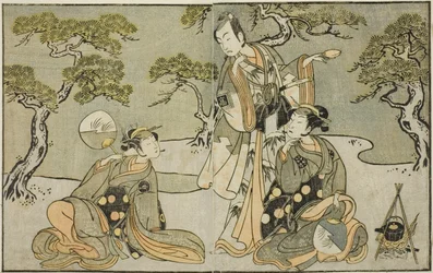 Los actores Nakamura Nakazo I como Matsukaze (derecha), Ichikawa Komazo II como Ariwara no Yukihira (centro), e Iwai Hanshiro IV como Murasame (izquierda), en la obra Kuni no Hana Ono no Itsumoji, representada en el Teatro Nakamura en el undécimo mes de 17
