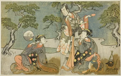 Los actores Nakamura Nakazo I como Matsukaze (derecha), Ichikawa Komazo II como Ariwara no Yukihira (centro), e Iwai Hanshiro IV como Murasame (izquierda), en la obra Kuni no Hana Ono no Itsumoji, representada en el Teatro Nakamura en el undécimo mes, 1771