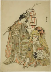 Los Actores Nakamura Nakazo I como Onmaya Kisanda Vestido como Kakubei el Bailarín León (derecha) y Segawa Kikunojo III como Shizuka Gozen (izquierda), en la Secuencia de Danza "Myoto-zake Kawaranu Nakanaka"