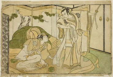 Los actores Nakamura Nakazo I como Taira no Kiyomori (derecha), y Yamashita Kinsaku II como Tokiwa Gozen (izquierda), en la obra Nue no Mori Ichiyo no Mato, representada en el Teatro Nakamura en el undécimo mes de 1770