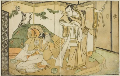 Los actores Nakamura Nakazo I como Taira no Kiyomori (derecha), y Yamashita Kinsaku II como Tokiwa Gozen (izquierda), en la obra Nue no Mori Ichiyo no Mato, representada en el Teatro Nakamura en el undécimo mes, 1770