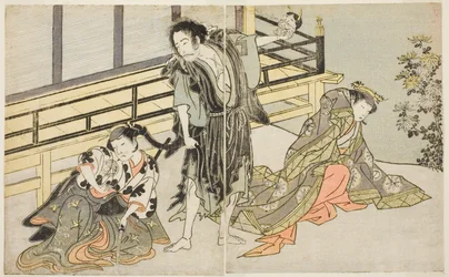 Los actores Nakamura Noshio I como Nyosan no Miya (derecha), Ichikawa Danjuro V como el monje renegado Yochin (centro), y Yamashita Kinsaku II como la doncella Mutsuhana (izquierda), en la obra Fuki Kaete Tsuki mo Yoshiwara, representada en el Teatro Morit