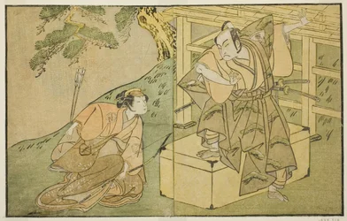 Los actores Onoe Matsusuke I como Akaboshi Taro (derecha) y Azuma Tozo II como Shirotae (izquierda), en la obra Kono Hana Yotsugi no Hachi no Ki, representada en el Teatro Ichimura en el undécimo mes de 1771
