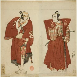 Los actores Onoe Matsusuke I como Yawata no Saburo (derecha) y Otani Tomoemon I como el Yakko Emohei (izquierda), en la obra Myoto-giku Izu no Kisewata, representada en el Teatro Ichimura en el undécimo mes de 1770
