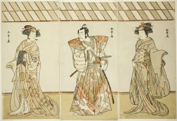 Los Actores Onoe Tamizo I como Nishikigi (?) o Otae (?) (derecha), Ichikawa Danjuro V como Miura Heidayu Kunitae (?) (centro), y Osagawa Tsuneyo II como Oyuki (?) (izquierda), en la Obra Date Nishiki Tsui no Yumitori (?), Representada en el Teatro Morita (