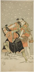 Los Actores Otani Hiroji III como Kameo (derecha), y Sakata Sajuro I como Ario (izquierda), en la obra Hime Komatsu Ne no Hi Asobi, representada en el Teatro Ichimura en el noveno mes, 1768