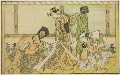 Los actores Otani Hiroji III como Kawazu no Saburo (derecha), Segawa Kikunojo II como la Princesa Tatsu (Tatsu Hime) (centro), y Nakamura Sukegoro II como Matano no Goro (izquierda), en la obra Myoto-giku Izu no Kisewata, representada en el Teatro Ichimura