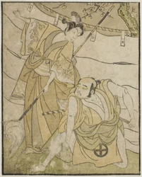Los actores Otani Tomoemon I como Emohei (derecha), y Sanogawa Ichimatsu II como Sanada Yoichi (izquierda), en la obra Myoto-giku Izu no Kisewata, representada en el Teatro Ichimura en el undécimo mes de 1770
