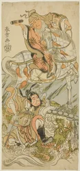 Los actores Sawamura Sojuro II como el sabio chino Huangshi Gong (a caballo), e Ichikawa Danzo III como el guerrero chino Zhang Liang (montado en un dragón), en el final de la obra Otokoyama Yunzei Kurabe (En el Monte Otoko, una prueba de fuerza en el dibu