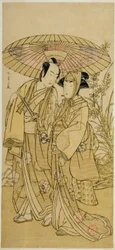 Los actores Segawa Kikunojo III (derecha) como Ochiyo, y Bando Mitsugoro I (izquierda) como el verdulero Hambei, en la obra Kabuki no Hana Bandai Soga, representada en el Teatro Ichimura en el cuarto mes, 1781