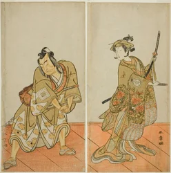 Los actores Segawa Kikunojo III como Aigo no Waka (derecha), e Ichikawa Yaozo II como Hachio-maru Aratora (izquierda), en la obra Chigo Sakura Jusan Kane, representada en el Teatro Ichimura en el undécimo mes de 1774