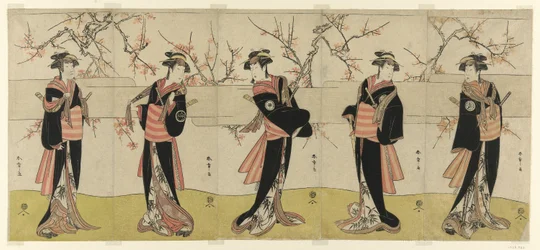 Los Actores Segawa Kikunojo III como Karigane Obun, Nakayama Tomisaburo I como An no Oyasu, Iwai Kiyotaro II como Kaminari no Osha, Nakayama Tatezo I como Gokuin no Osen, e Ichikawa Monnosuke II como Hotei no Oichi (de derecha a izquierda), en "Gonin Onna,