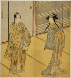 Los Actores Segawa Kikunojo III como el Espíritu de Joro-gumo (Araña Ramera) Disfrazado de la Maiko Tsumagiku (derecha), e Ichikawa Monnosuke II como Urabe no Suetake (izquierda), en la Obra Shitenno Tonoi no Kisewata, Representada en el Teatro Nakamura en