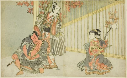 Los actores Yamashita Kinsaku II como Mutsuhana (derecha), Bando Mitsugoro I como Kashiwagi no Emon (centro), y Nakamura Sukegoro II como Akamatsu Mushanosuke (izquierda), en la obra Fuki Kaete Tsuki mo Yoshiwara