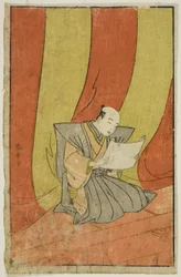 El anuncio, página de "Un libro de imágenes de abanicos de escenario (Ehon butai ogi)"