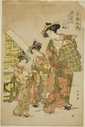 La Cortesana Michinoku de la Casa Tsutaya con su Kamuro Midare y Shinobu, de la serie "Kikkaku Hokufu"