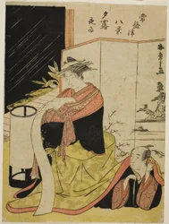 La cortesana Yugiri y su amante Fujiya Izaemon, de la serie "Tokiwazu Hakkei"
