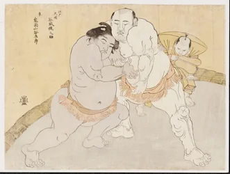 El partido entre Tanikaze Kajinosuke y Kimenzan Tanigoro (xilografía en color)