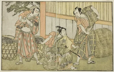 La obra Kuni no Hana Ono no Itsumoji, representada en el Teatro Nakamura en el undécimo mes, c.1772 (xilografía)