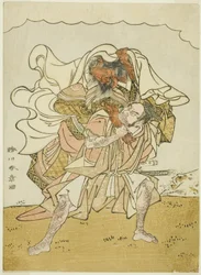 El guerrero Omori Hikoshichi llevando a una demonio femenina en su espalda