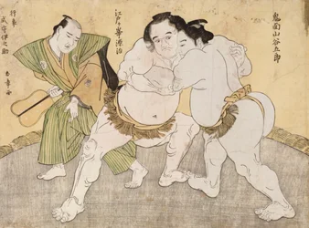 El combate entre Kimenzan Tanigoro y Edogasaki Gemji (grabado en color)