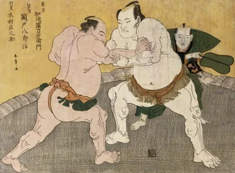 El combate entre Kimenzan Tanigoro y Edogasaki Gemji (grabado en color)
