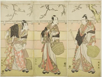 Tres Monjes Komuso: Los Actores Ichikawa Ebizo (Danjuro V) como Kudo Suketsune (derecha), Ichikawa Monnosuke II como Soga no Juro Sukenari (centro), e Ichikawa Omezo I como Soga no Goro Tokimune (izquierda), en el Acto Seis de la Obra Waka Murasaki Edokko 
