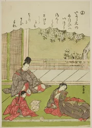 "Yo": Un hombre se encuentra con una antigua amante, ahora sirviendo en un hogar provincial, de la serie "Cuentos de Ise en imágenes de brocado a la moda (Furyu nishiki-e Ise monogatari)"
