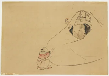 Hotei Ofreciendo Joya Llameante a un Niño Pequeño, c.1850