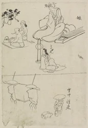 Varias actuaciones, incluida una dama con un koto, una dama sentada y dos hombres.