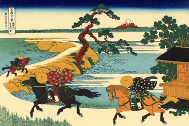 36 vues du Mont Fuji, Japón: vue du village de Sekiya sur la riviere Sumida, Japón --Estampe de Katsushika Hokusai (1760-1849) (ecole ukiyo-e) 1830-1833 Estado A Museo Pushkin de Bellas Artes, Moscú