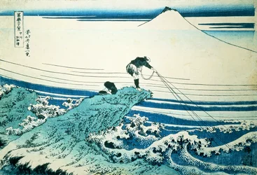 Un pescador de pie en un promontorio rocoso en Kajikazawa en la provincia de Kai, de la serie "36 vistas del monte Fuji"