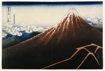 Una ducha bajo la cumbre, de la serie Treinta y seis vistas del monte Fuji (Fugaku sanjurokkei)