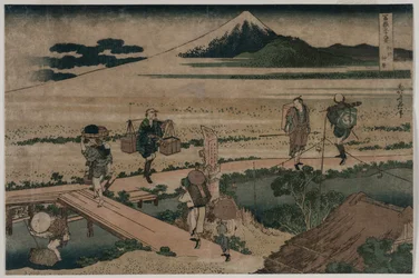 Vista del monte Fuji y viajeros por un puente, ca. 1835