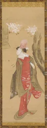 Una bailarina, Kiyohime, un cerezo y la campana de Dojo-ji, finales del siglo XVIII-principios del siglo XIX