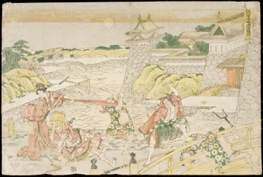 Acto III de la obra Kanadehon Chūshingura, «Abecedario en kana del Tesoro de los vasallos leales»
